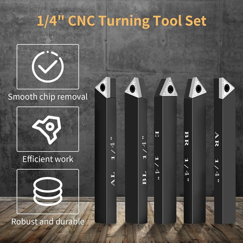 SENDUO Store 1/4" Indexable Carbide Turning Inserts Holder Set for Machining Lathes, 5 Pcs Set Metal Lathe Tools Inserts Bits with Carbide Inserts TCMT090204. - Image 3